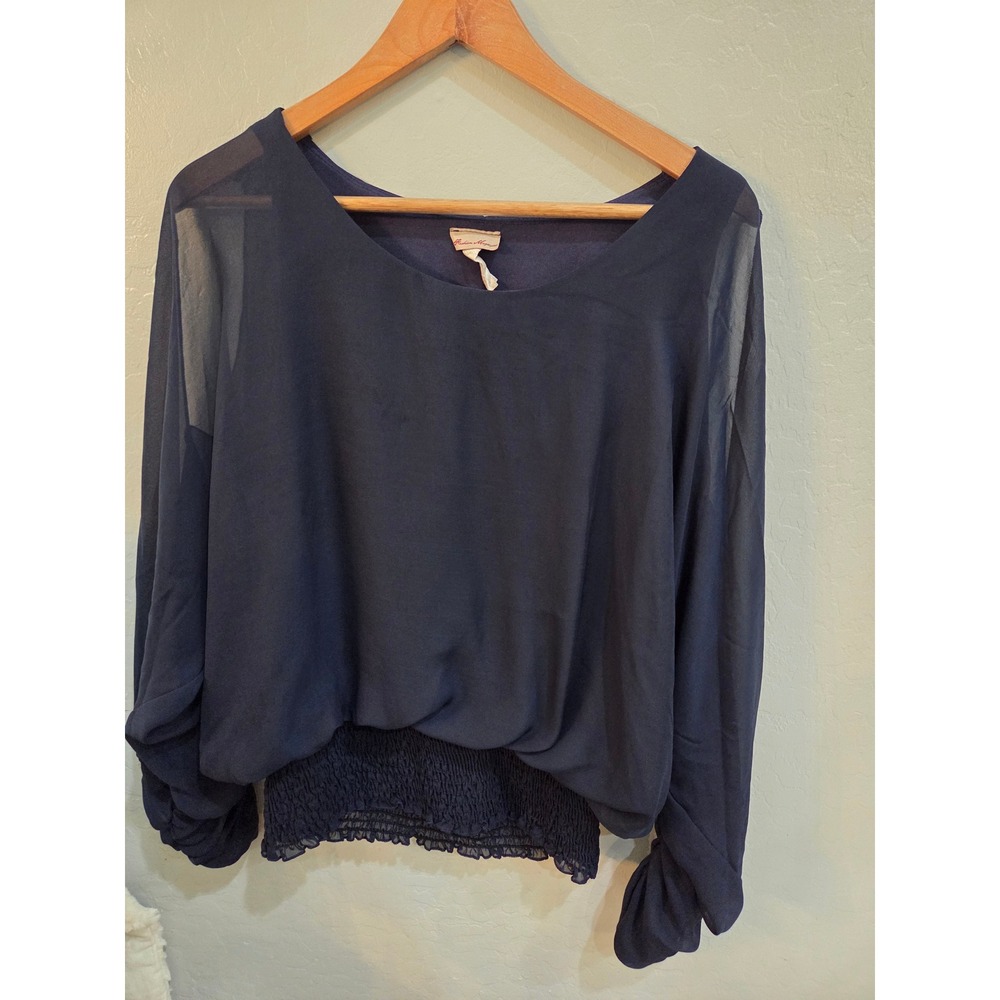 Fashion Magazine Navy Blue Cold Shoulder Chiffon Blouse Smocked Waist Top XL